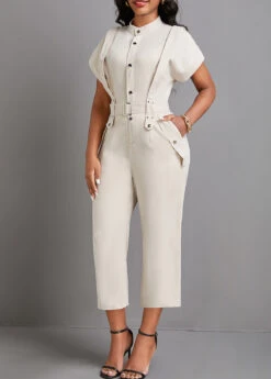 Beige Button Capri Belted Short Sleeve Jumpsuit 9 Beige Button Capri Belted Short Sleeve Jumpsuit -Modlily Shop 332085 P 16848058799152