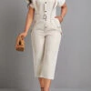 Beige Button Capri Belted Short Sleeve Jumpsuit -Modlily Shop 332085 P 16848058799890