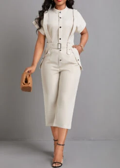 Beige Button Capri Belted Short Sleeve Jumpsuit