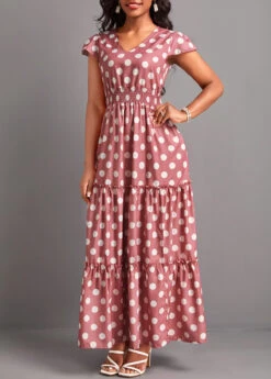 Pink Split Polka Dot Short Sleeve Maxi Dress -Modlily Shop 332177 P 16853381370303