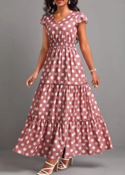 Pink Split Polka Dot Short Sleeve Maxi Dress -Modlily Shop 332177 P 16853381373932