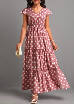 Pink Split Polka Dot Short Sleeve Maxi Dress -Modlily Shop 332177 P 16853381378154