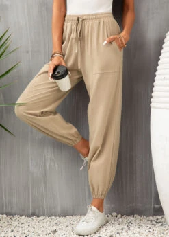 Light Camel Pocket Drawastring High Waisted Jogger Pants -Modlily Shop 332194 P 16837179817352