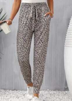 Light Camel Pocket Leopard Jogger Elastic Waist Pants -Modlily Shop 332196 P 16843763801513
