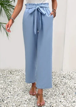 Dusty Blue Pocket Elastic Waist High Waisted Pants -Modlily Shop 332197 P 16838871185762