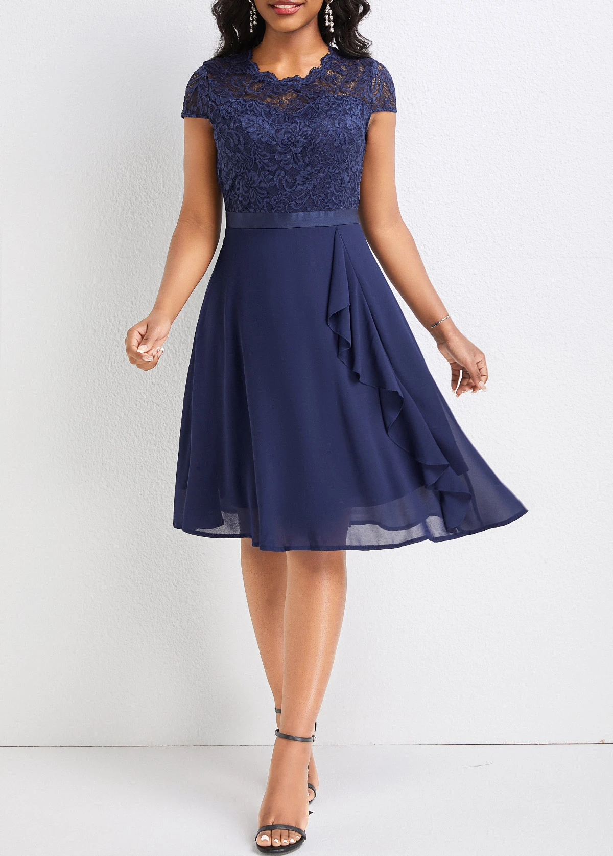 Navy Lace Short Sleeve Round Neck Dress 6 Navy Lace Short Sleeve Round Neck Dress - Image 4