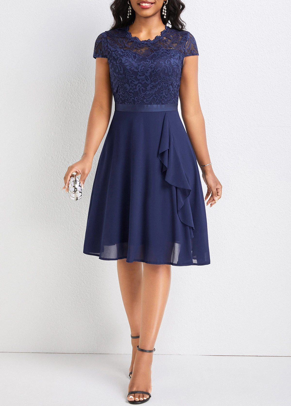 Navy Lace Short Sleeve Round Neck Dress 3 Navy Lace Short Sleeve Round Neck Dress