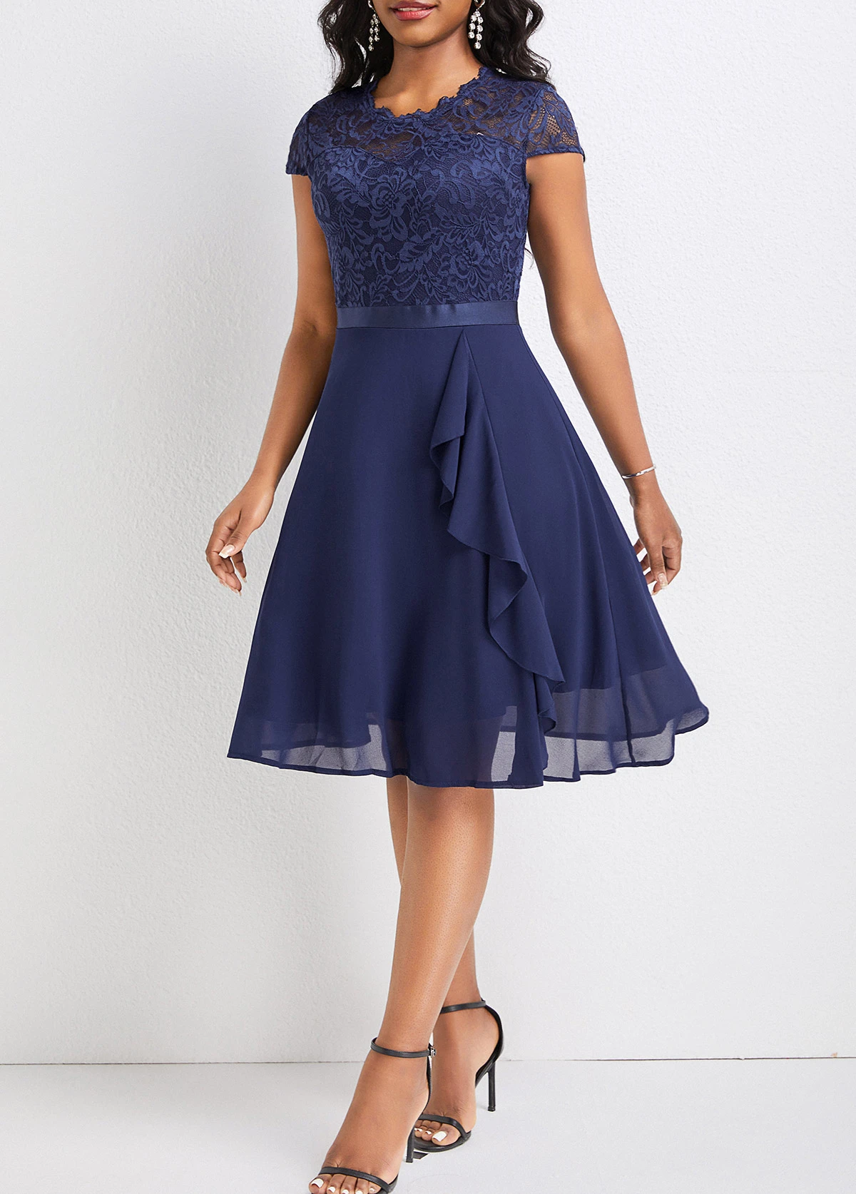 Navy Lace Short Sleeve Round Neck Dress 7 Navy Lace Short Sleeve Round Neck Dress - Image 5