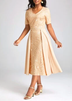 Champagne Patchwork Short Sleeve V Neck Dress 9 Champagne Patchwork Short Sleeve V Neck Dress -Modlily Shop 332364 P 16873113472662