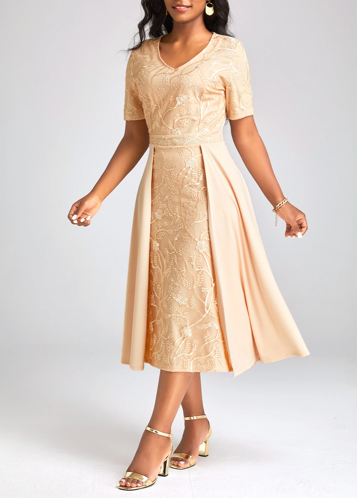 Champagne Patchwork Short Sleeve V Neck Dress 5 Champagne Patchwork Short Sleeve V Neck Dress - Image 3