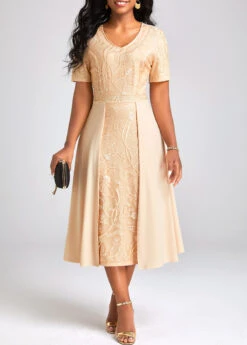 Champagne Patchwork Short Sleeve V Neck Dress