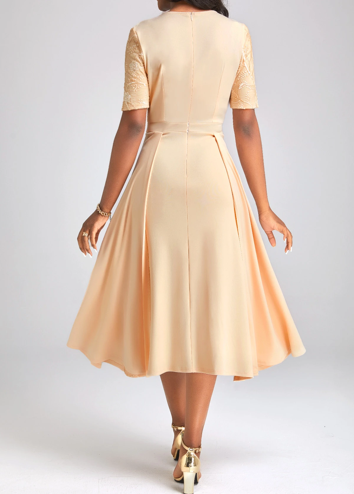 Champagne Patchwork Short Sleeve V Neck Dress 4 Champagne Patchwork Short Sleeve V Neck Dress - Image 2