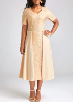 Champagne Patchwork Short Sleeve V Neck Dress 10 Champagne Patchwork Short Sleeve V Neck Dress -Modlily Shop 332364 P 16873113478393