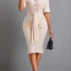 Beige Button Short Sleeve Shirt Collar Bodycon Dress