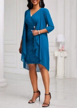 Peacock Blue Lace Two-Piece Dress And Cardigan -Modlily Shop 332456 P 16866559520602