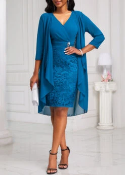 Peacock Blue Lace Two-Piece Dress And Cardigan -Modlily Shop 332456 P 16866559529453