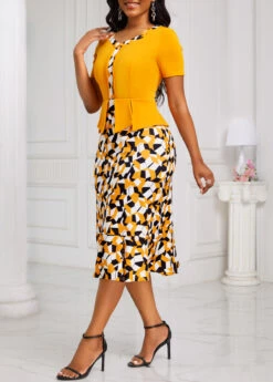 Orange Fake 2in1 Geometric Print Bodycon Dress -Modlily Shop 332469 P 16866559336772