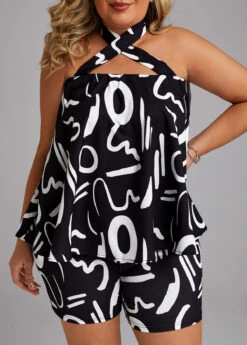 Black Criss Cross Graffiti Print Sleeveless Top And Shorts