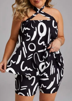 Black Criss Cross Graffiti Print Sleeveless Top And Shorts -Modlily Shop 332572 P 16850638475472