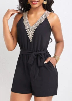 Black Patchwork Short Belted Sleeveless V Neck Romper -Modlily Shop 332583 P 16848244481614