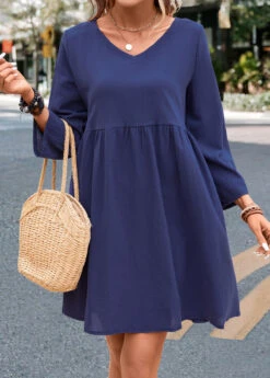 Navy Pocket V Neck Lightweight Shift Dress -Modlily Shop 332639 P 16843936103055