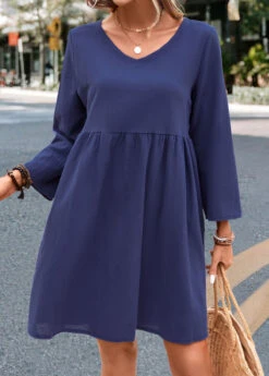 Navy Pocket V Neck Lightweight Shift Dress -Modlily Shop 332639 P 16843936104912