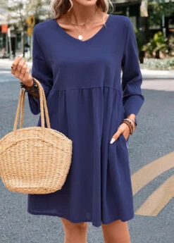 Navy Pocket V Neck Lightweight Shift Dress -Modlily Shop 332639 P 16843936106164