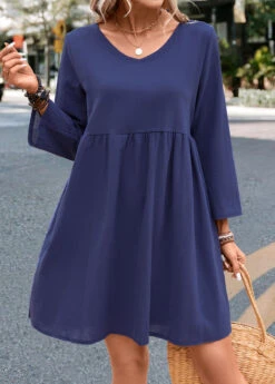 Navy Pocket V Neck Lightweight Shift Dress -Modlily Shop 332639 P 16843936108710