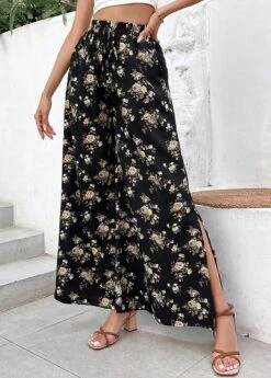 Black Split Ditsy Floral Print Flare Leg Pants -Modlily Shop 332646 P 1682325369479