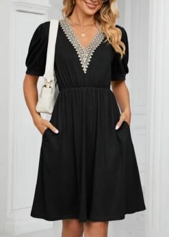 Black Lace Short Sleeve V Neck Dress