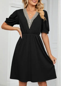 Black Lace Short Sleeve V Neck Dress -Modlily Shop 332649 P 1682325416605