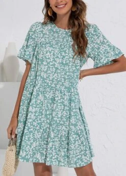 Mint Green Ruched Ditsy Floral Print Dress