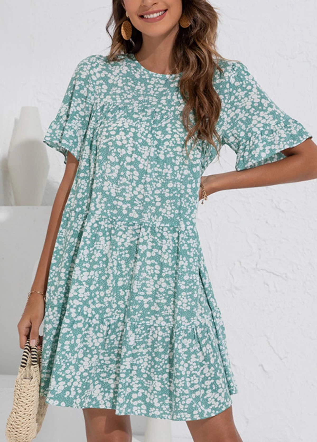 Mint Green Ruched Ditsy Floral Print Dress 3 Mint Green Ruched Ditsy Floral Print Dress
