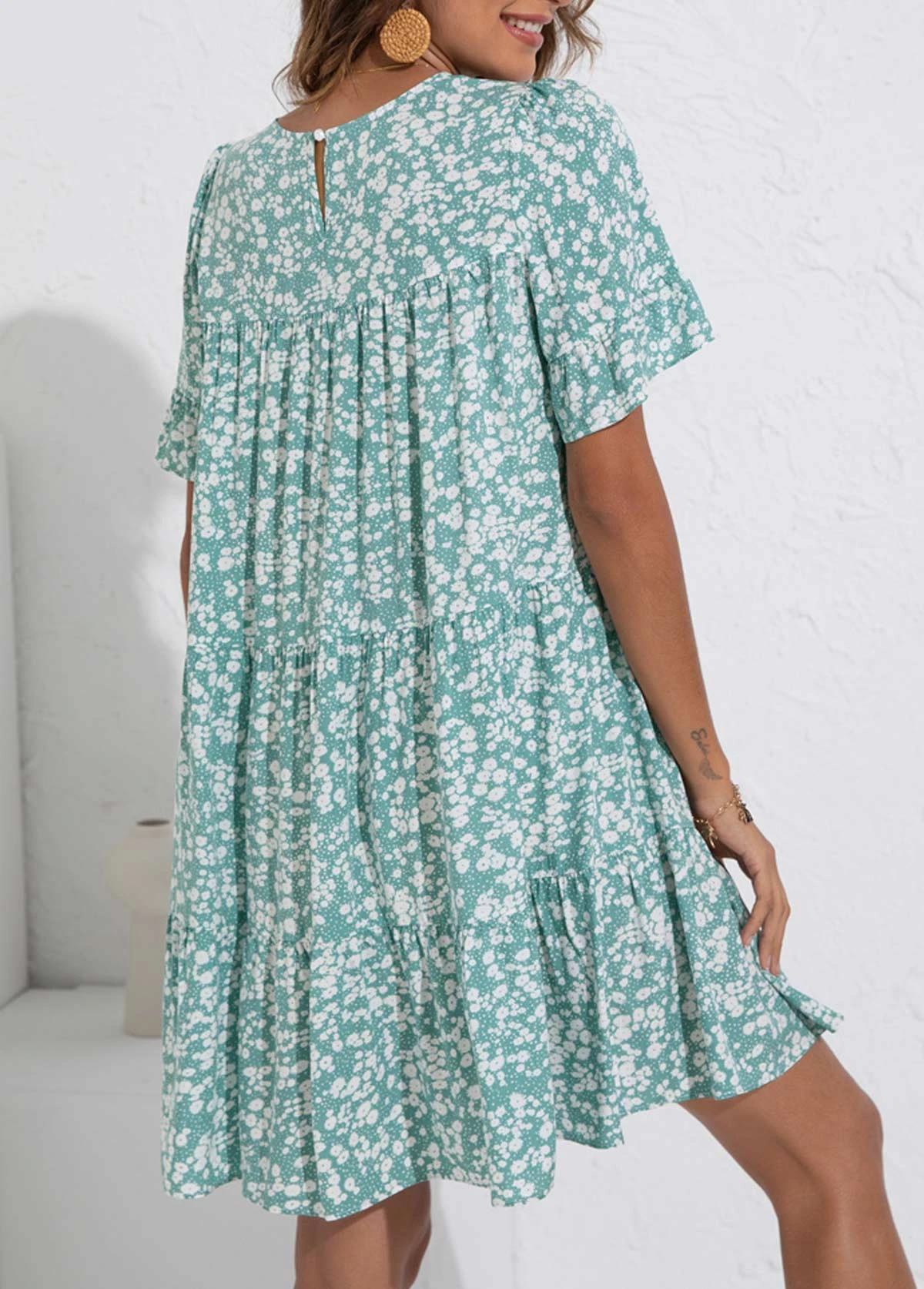 Mint Green Ruched Ditsy Floral Print Dress 4 Mint Green Ruched Ditsy Floral Print Dress - Image 2