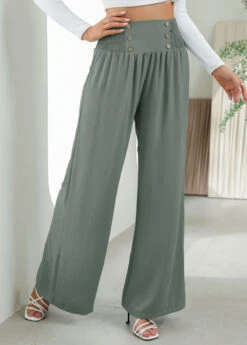 Sage Green Smocked Elastic Waist High Waisted Pants -Modlily Shop 332702 P 1690365009133