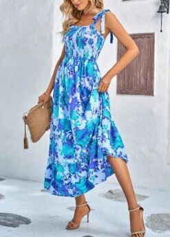 Sky Blue Smocked Floral Print Strappy Maxi Dress -Modlily Shop 332706 P 1682401339424