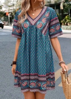 Turquoise Ruched Paisley Print A Line Dress -Modlily Shop 332719 P 16844733262413