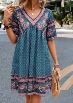 Turquoise Ruched Paisley Print A Line Dress -Modlily Shop 332719 P 16844733264342