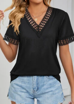 Black Patchwork Short Sleeve V Neck T Shirt 7 Black Patchwork Short Sleeve V Neck T Shirt -Modlily Shop 332827 P 1682559823336