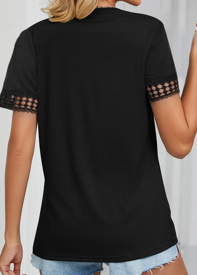Black Patchwork Short Sleeve V Neck T Shirt 4 Black Patchwork Short Sleeve V Neck T Shirt - Image 2