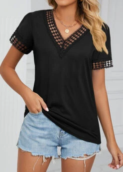 Black Patchwork Short Sleeve V Neck T Shirt