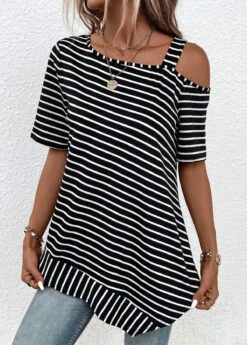 Black Asymmetry Striped Short Sleeve T Shirt -Modlily Shop 333040 P 16866399120615