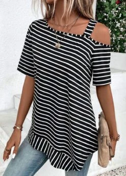 Black Asymmetry Striped Short Sleeve T Shirt -Modlily Shop 333040 P 16866399124573