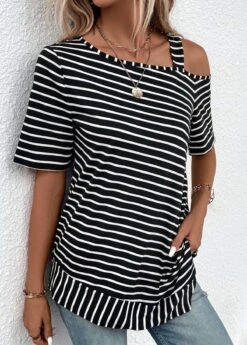 Black Asymmetry Striped Short Sleeve T Shirt -Modlily Shop 333040 P 16866399125150