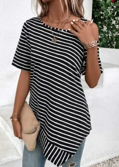 Black Asymmetry Striped Short Sleeve T Shirt -Modlily Shop 333040 P 16866399125954