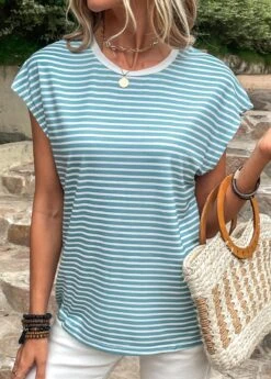 White Patchwork Striped Short Sleeve T Shirt -Modlily Shop 333054 P 16847568854994