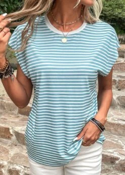 White Patchwork Striped Short Sleeve T Shirt