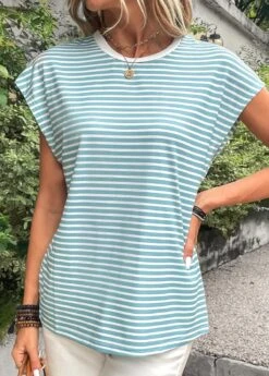 White Patchwork Striped Short Sleeve T Shirt -Modlily Shop 333054 P 16847568857122