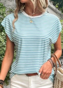 White Patchwork Striped Short Sleeve T Shirt -Modlily Shop 333054 P 16847568858645