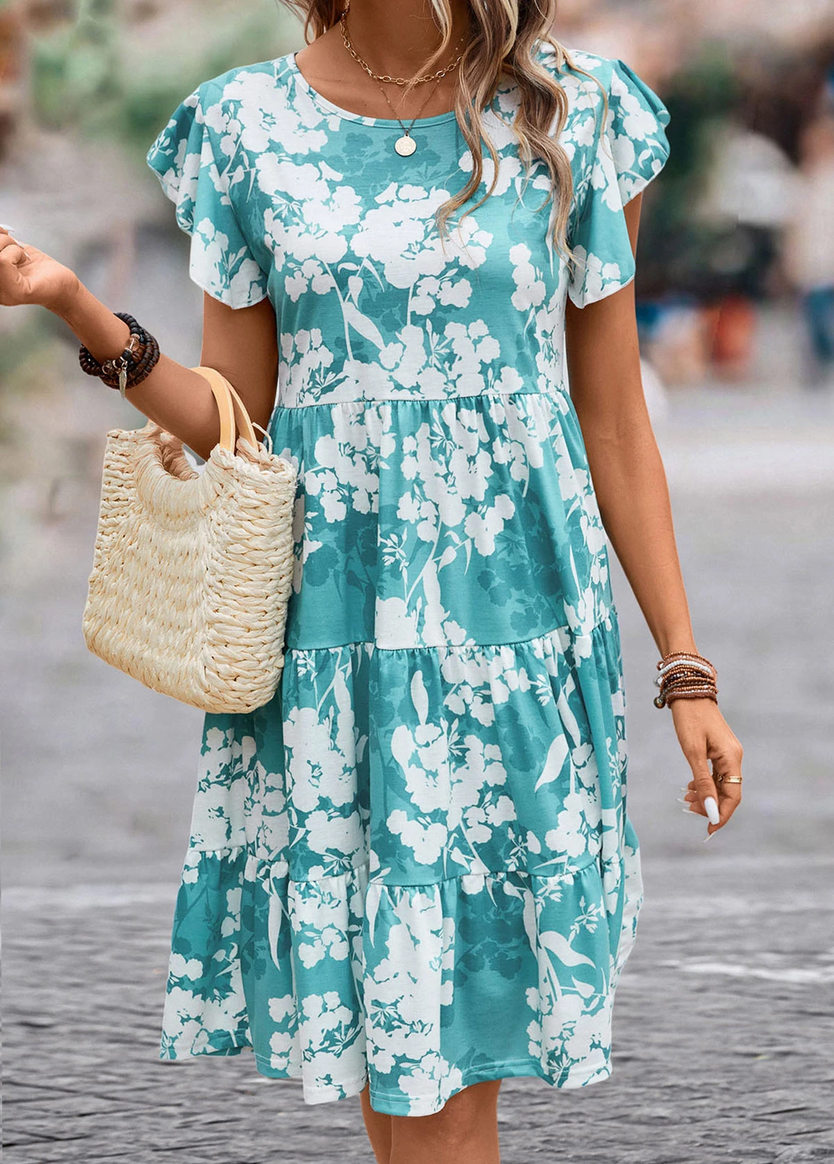 Blue Ruffle Floral Print Short Sleeve Dress 5 Blue Ruffle Floral Print Short Sleeve Dress - Image 3